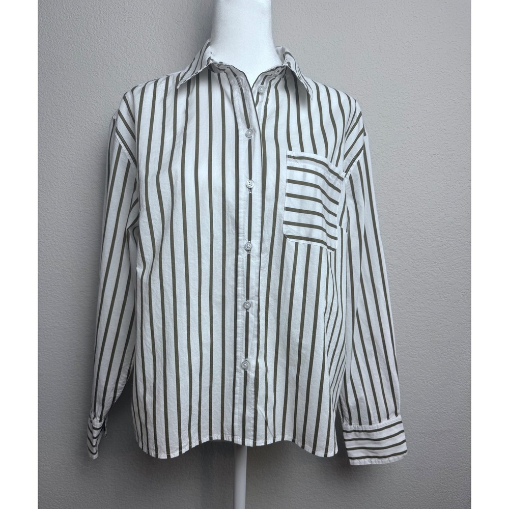 Talbots Petite Womens MP White Olive Green Striped Cotton Button Down Shirt